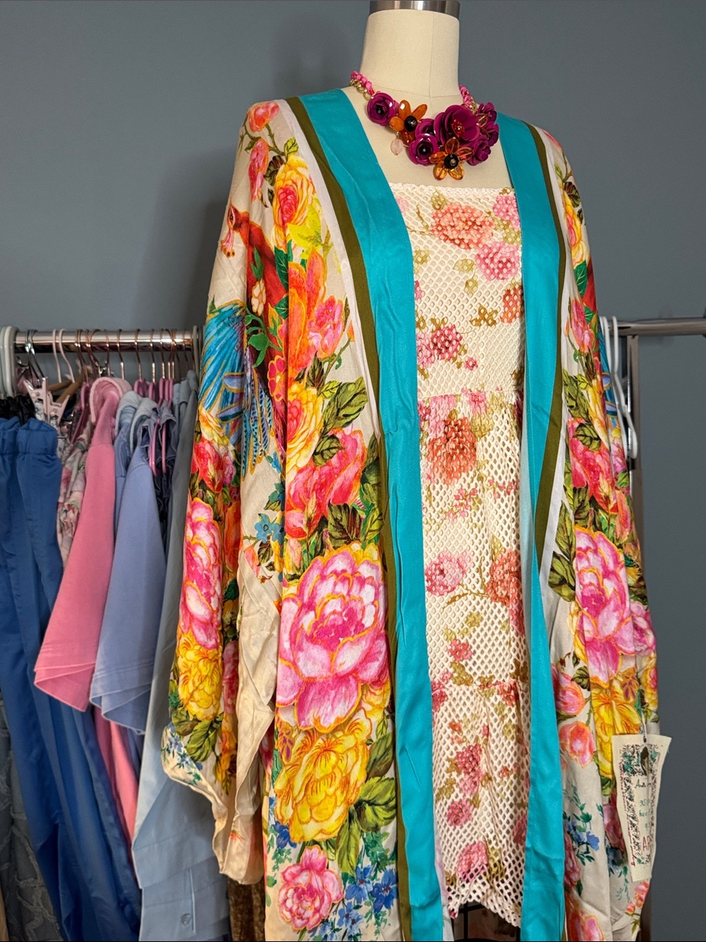 K11 • Aratta Earth Angels Floral Satin Kimono Robe with Turquoise Trim